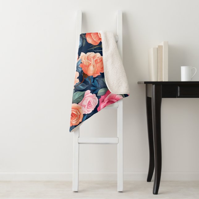Red Pink Orange Roses Pattern Design Sherpa Blanket (In Situ)