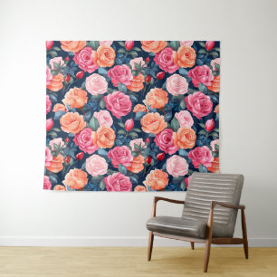 Red Pink Orange Roses Pattern Design Tapestry