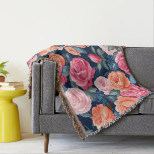 Red Pink Orange Roses Pattern Design Throw Blanket