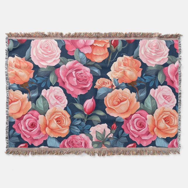 Red Pink Orange Roses Pattern Design Throw Blanket (Front)