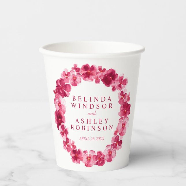 Red pink pansy flower wreath watercolor wedding paper cups (Front)
