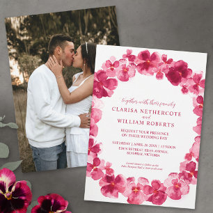 Red pink pansy watercolor flower wedding invitation