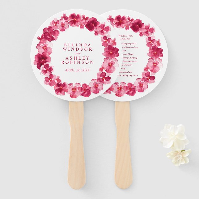 Red pink pansy watercolor wedding program hand fan (Front and Back)