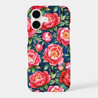 Red Pink Peonies & Green Leaves Blue Pattern