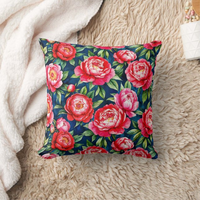Red Pink Peonies & Green Leaves Blue Pattern Cushion (Blanket)