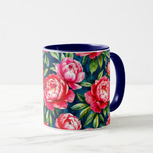 Red Pink Peonies & Green Leaves Blue Pattern Mug