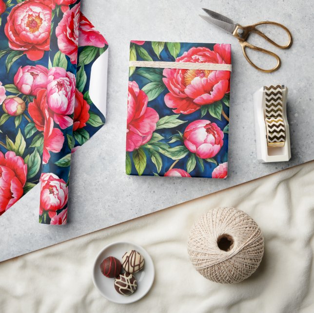 Red Pink Peonies & Green Leaves Blue Pattern Wrapping Paper (Crafts)