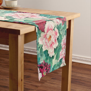 Red Pink Peonies & Green Leaves Pattern Short Table Runner
