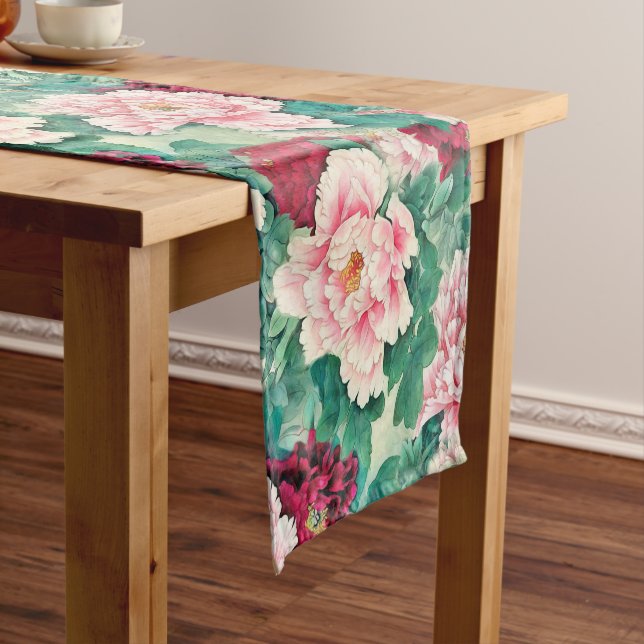Red Pink Peonies & Green Leaves Pattern Short Table Runner (In Situ)