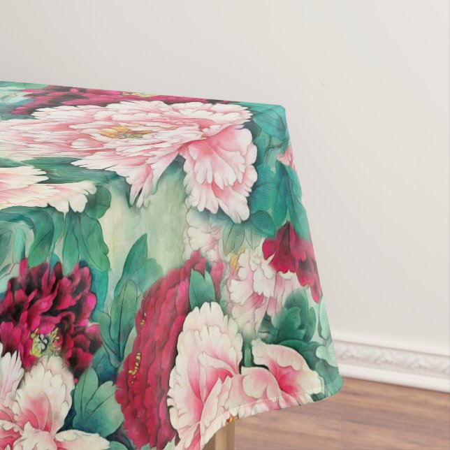 Red Pink Peonies & Green Leaves Pattern Tablecloth (In Situ)