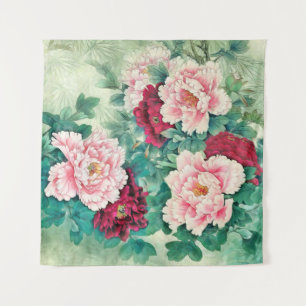 Red Pink Peonies & Green Leaves Tapestry