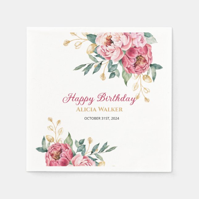 Red Pink Peony Gold Leaf Greenery Birthday Brunch Napkin (Front)