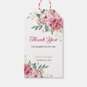 Red Pink Peony Gold Leaf Greenery Birthday Thanks Gift Tags