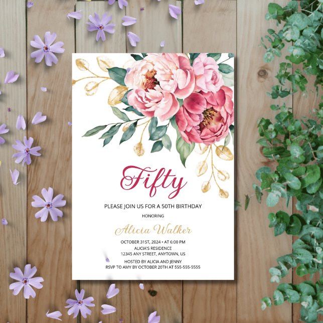 Red Pink Peony Gold Leaf Rustic Floral Birthday  Invitation (Creator Uploaded)