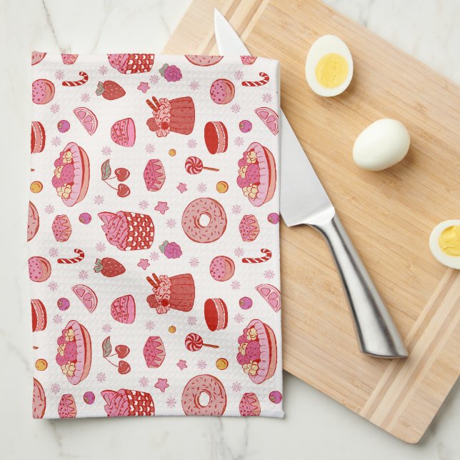 Red pink pies & sweets tea towel (Quarter Fold)