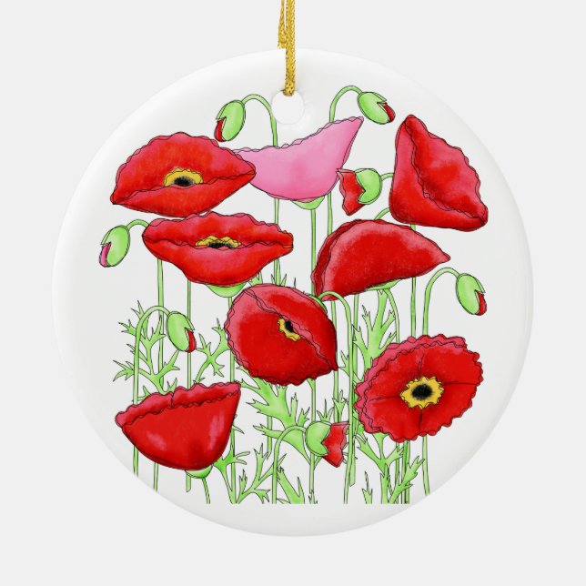 Red Pink Poppies Art Custom Gardener Floral Ceramic Tree Decoration (Back)