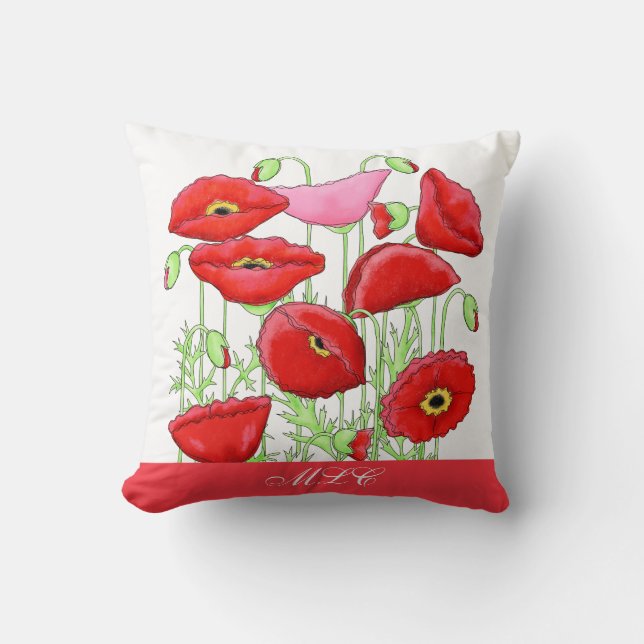Red Pink Poppies Art Custom Monogram Personalised Cushion (Front)