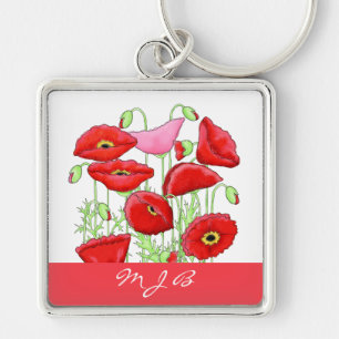 Red Pink Poppies Art Custom Monogram Personalised Key Ring