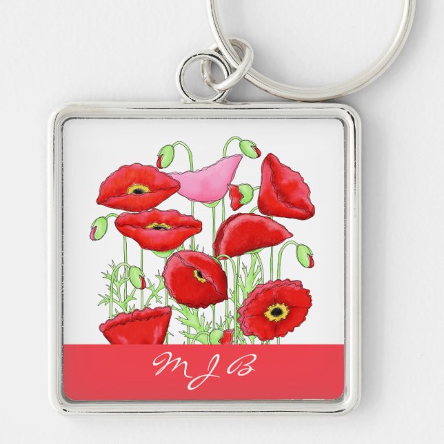 Red Pink Poppies Art Custom Monogram Personalised Key Ring (Front)