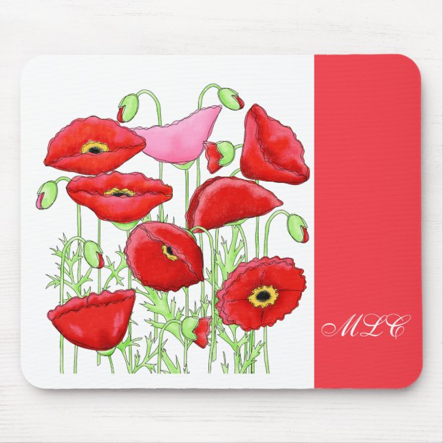 Red Pink Poppies Art Custom Monogram Personalised Mouse Pad (Front)