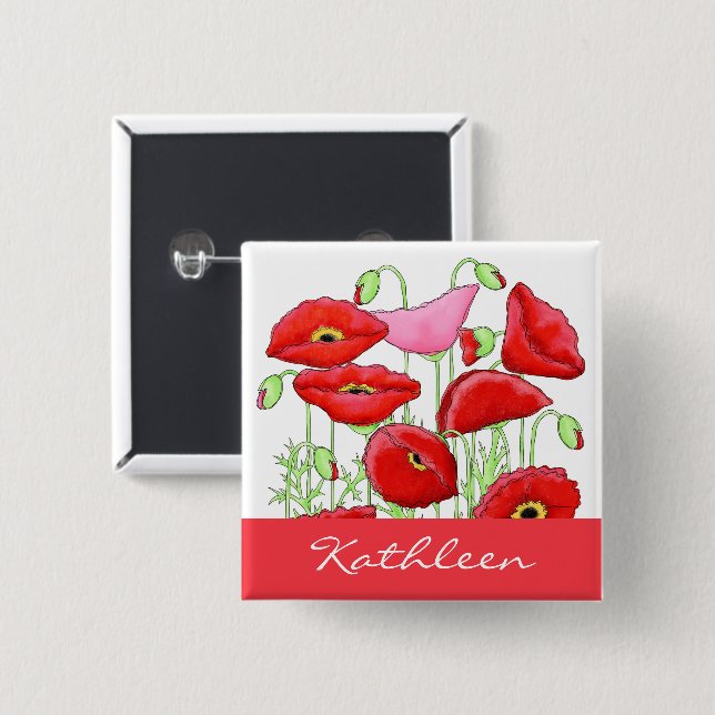 Red Pink Poppies Art Custom Name Badge (Front & Back)