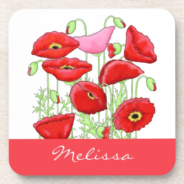 Red Pink Poppies Art Custom Name Personalised Coaster (Front)
