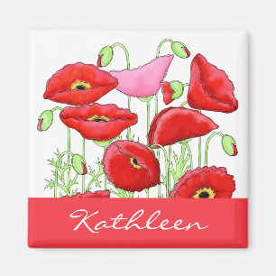 Red Pink Poppies Art Custom Name Personalised Magnet