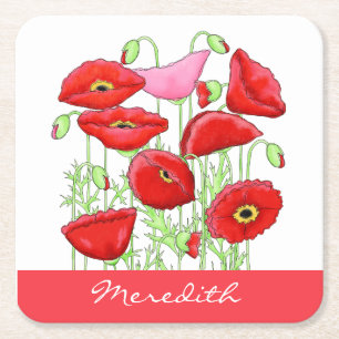 Red Pink Poppies Art Custom Name Personalised Square Paper Coaster