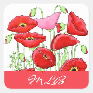 Red Pink Poppies Art Custom Name Personalised Square Sticker