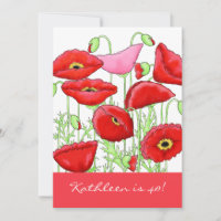 Red Pink Poppy Flowers 40th Birthday Party Invite