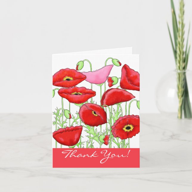 Red Pink Poppy Flowers Thank You Notes (Front)