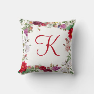Red Pink Purple Green Flowers Floral Monogrammed Cushion