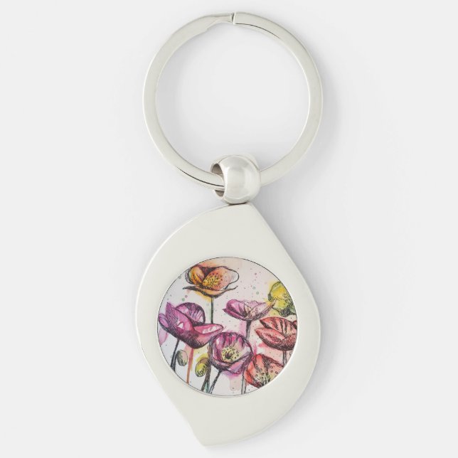 Red Pink Purple Poppy Flowers Poppies Floral Key Ring (Front)