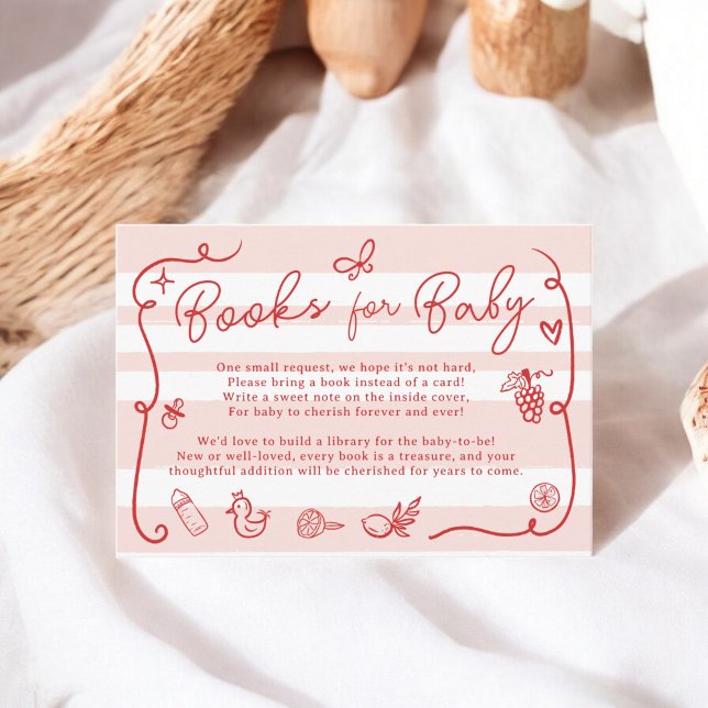 Red Pink Retro Cute Illustrated Books Baby Shower Invitation (Red pink retro books for baby digital download)