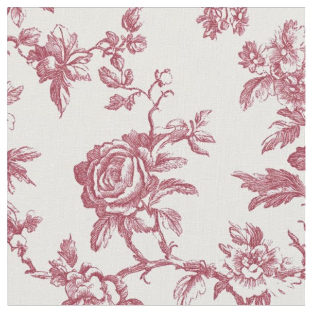 Red Pink Rose Branch Toile Fabric (Close Up)