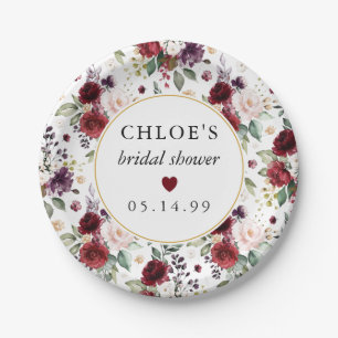 Red Pink Rose Floral Bridal Shower Paper Plate