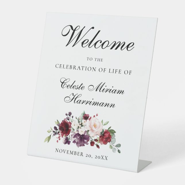 Red Pink Rose Floral Celebration of Life Pedestal Sign (Front)