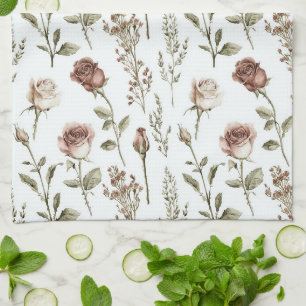 Red Pink Rose Floral Tea Towel
