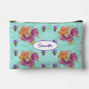 Red Pink Rose Flower Pattern Aqua Watercolor Girls Accessory Pouch