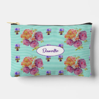 Red Pink Rose Flower Pattern Aqua Watercolor Girls Accessory Pouch