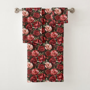 Red Pink Rose Flowers Bath Towel Set