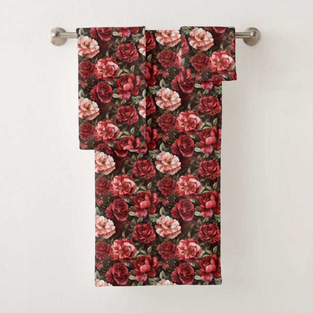 Red Pink Rose Flowers   Bath Towel Set (Insitu)
