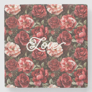Red Pink Rose Flowers Stone Coaster