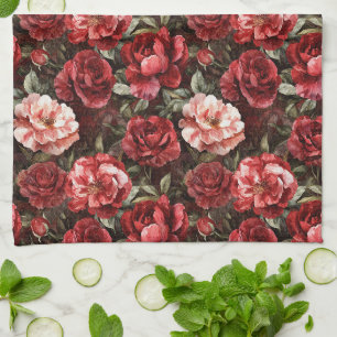 Red Pink Rose Flowers Tea Towel