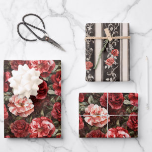 Red Pink Rose Flowers Wrapping Paper Sheet