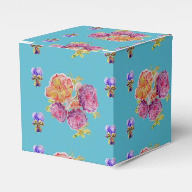 Red Pink Rose Shabby Chic Teal Aqua Floral Favor  Favour Box (Front Side)