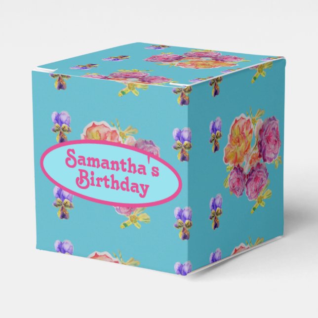 Red Pink Rose Shabby Chic Teal Aqua Floral Favor  Favour Box (Front Side)