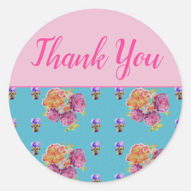 Red Pink Rose Shabby Chic Teal Aqua Floral Flower Classic Round Sticker (Front)