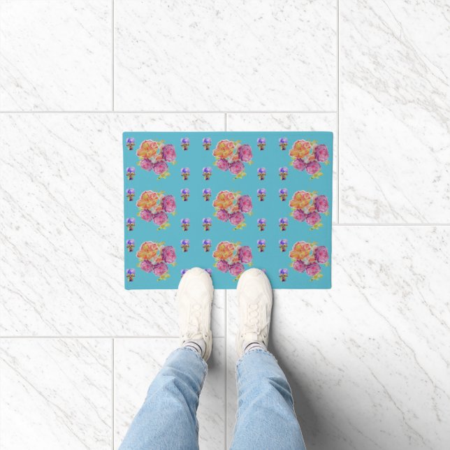 Red Pink Rose Shabby Chic Teal Aqua Floral Flower Doormat (Indoor)