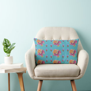 Red Pink Rose Shabby Chic Teal Aqua Floral Flower Lumbar Cushion